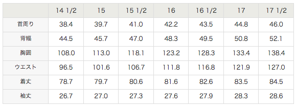 BRISTOLシャツ寸法表